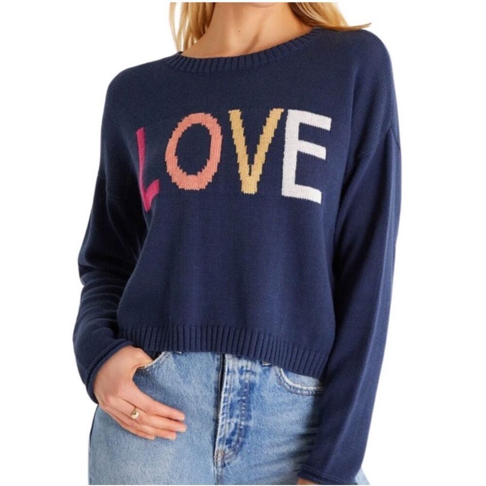 Z Supply Love rainbow navy S cropped cotton sweater